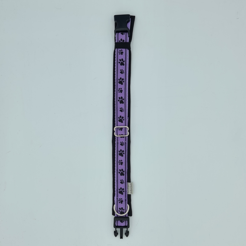 Halsband schwarz-lila mit Pfötchen, verstellbar & gepolstert